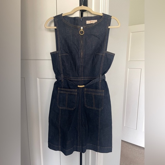 Tory Burch Denim Sleeveless Dress Belted Dark Blue Zip Pockets - Picture 3 of 7
